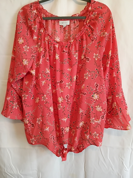 AB Studio Tops - AB Studio Coral Size Xxl Floral Knot Tie-Front Peasant Blouse.